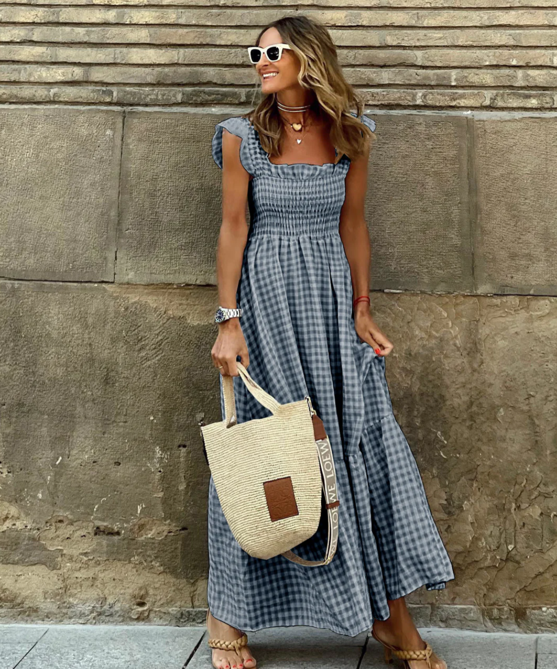 Damen Maxikleid mit Rüschenärmeln und gerafftem Karo-Muster