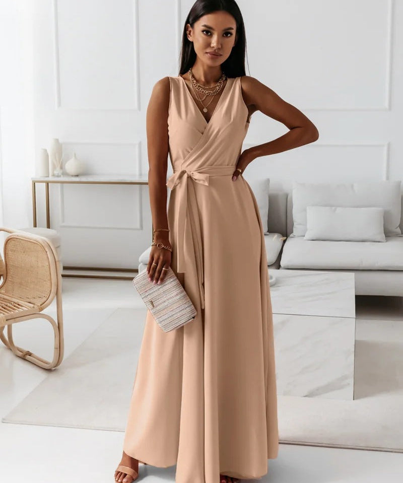 Damen einfarbig V-Ausschnitt Langes Kleid