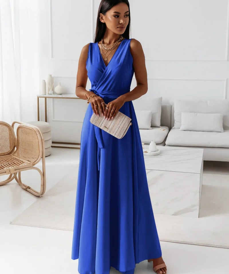 Damen einfarbig V-Ausschnitt Langes Kleid