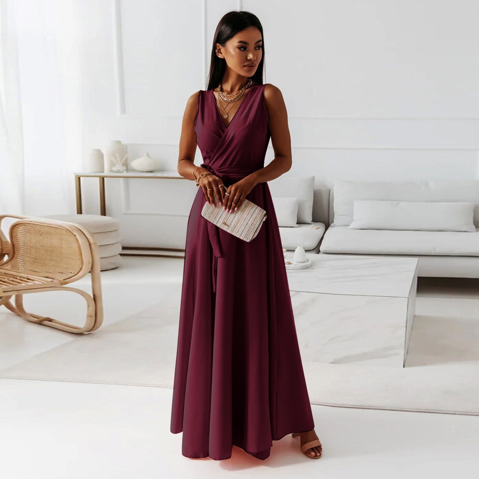 Damen einfarbig V-Ausschnitt Langes Kleid
