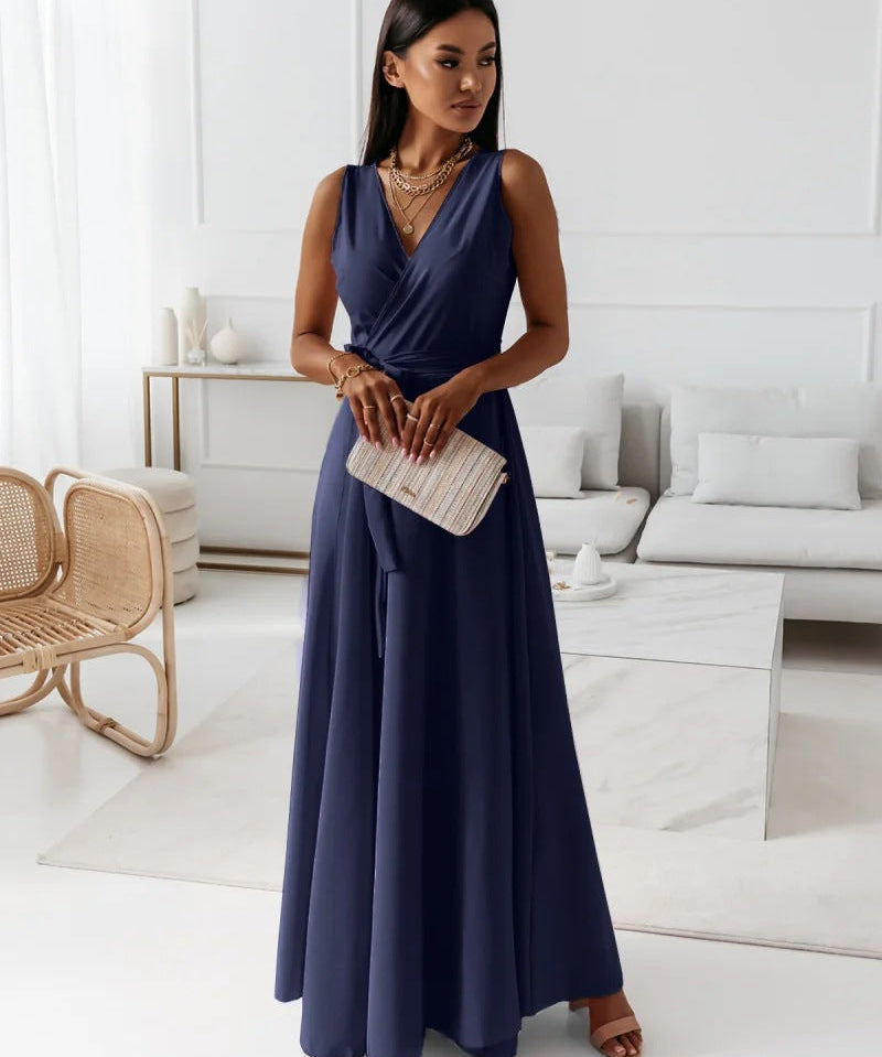 Damen einfarbig V-Ausschnitt Langes Kleid