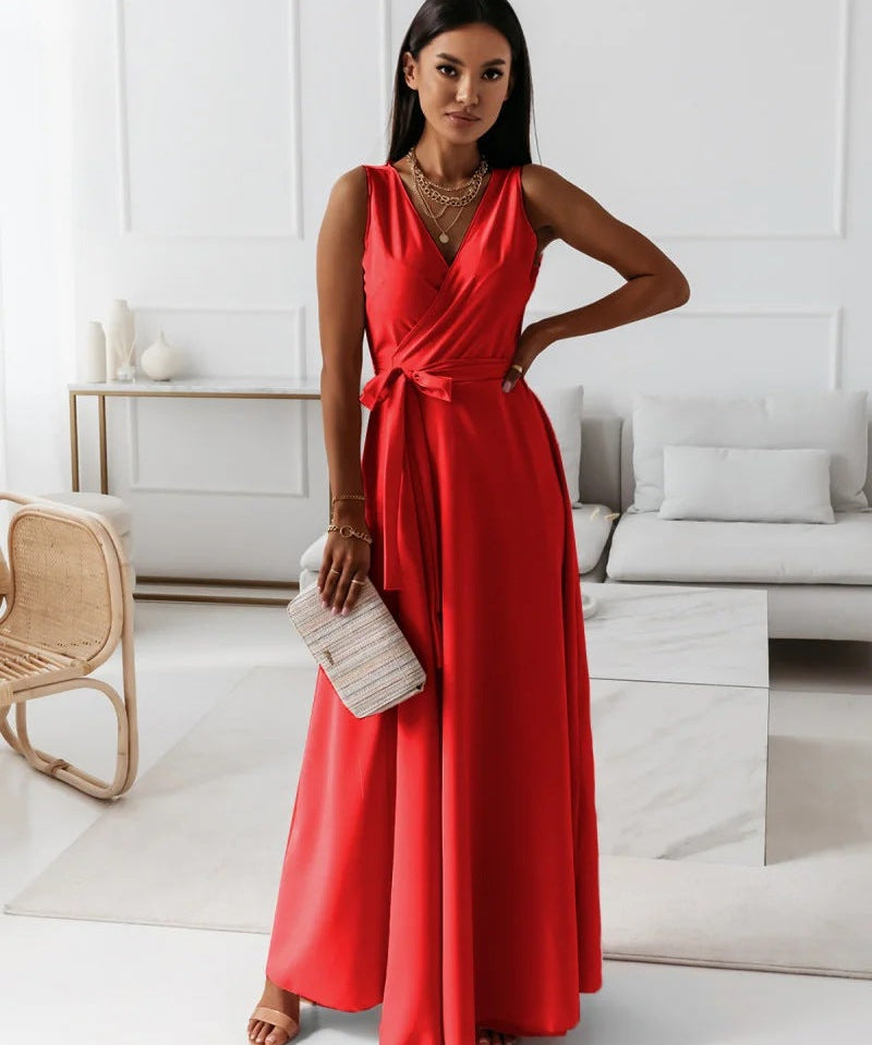 Damen einfarbig V-Ausschnitt Langes Kleid
