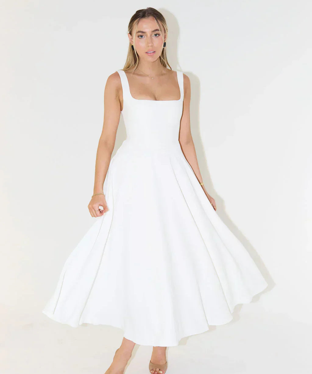 Elegantes Midi-Kleid mit Hoher Taille und stilvollem Quadrat-Ausschnitt