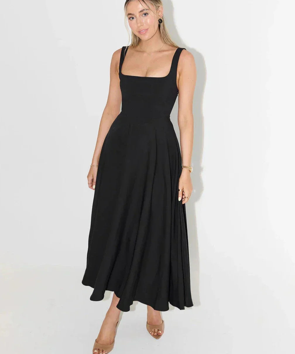 Elegantes Midi-Kleid mit Hoher Taille und stilvollem Quadrat-Ausschnitt