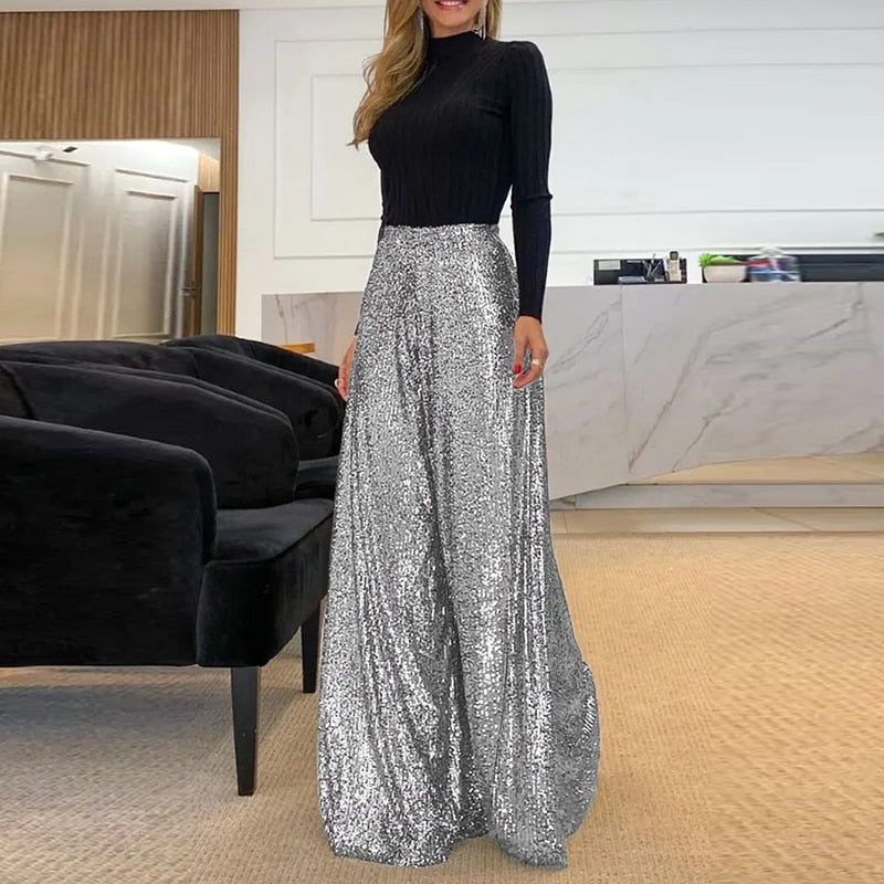 Stilvolle Glänzende Pailletten Lange Hose für Eleganten Auftritt