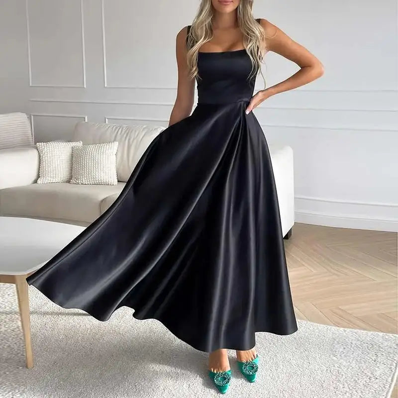Midikleid Satin A-Linie mit Spaghettiträgern