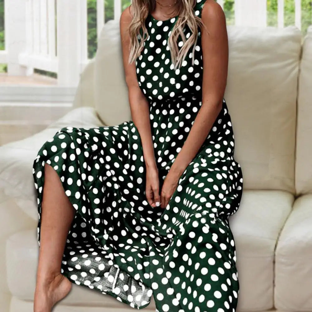 Damen ärmelloses Maxikleid mit Polka-Dots und lockerer Passform