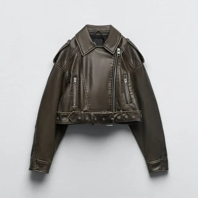 Damen verkürzte Kunstleder Bikerjacke mit taillierter Taille