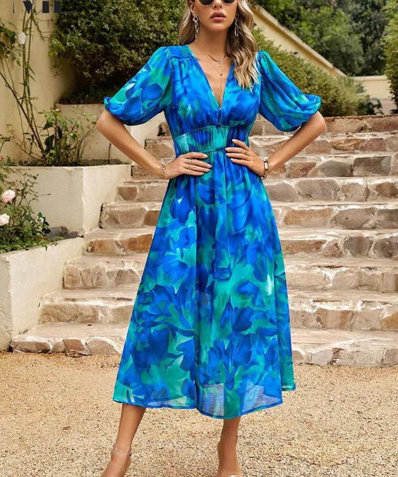 Elegantes Blumen-Midis-Kleid mit Ballonärmeln