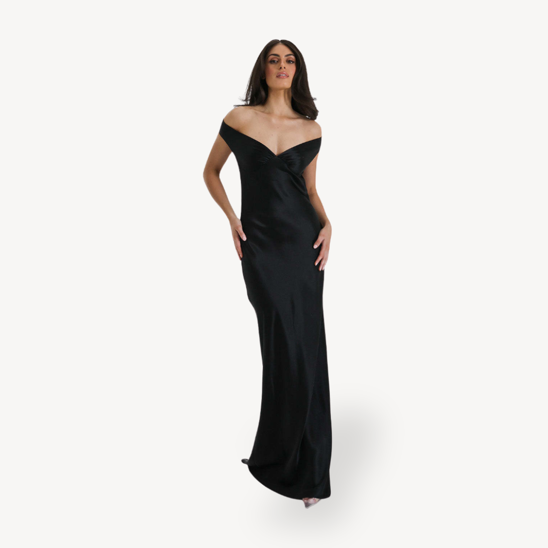 Abendkleid aus Satin mit offener Schulter und Schlitz – Elegantes Maxikleid für Damen