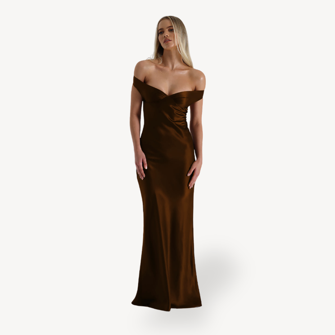Abendkleid aus Satin mit offener Schulter und Schlitz – Elegantes Maxikleid für Damen