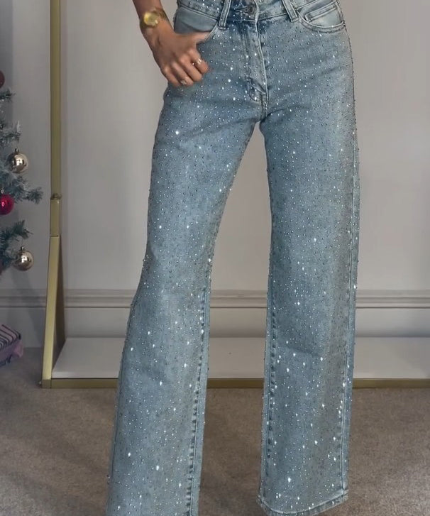 Damenjeans Hohe Taille, Glitzernde Details, Dunkelblau