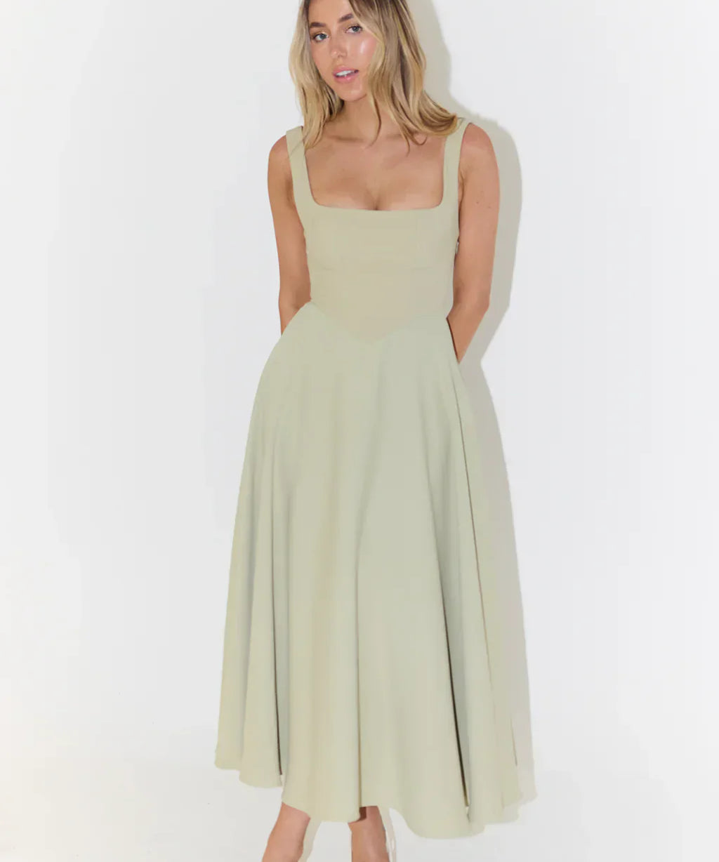 Elegantes Midi-Kleid mit Hoher Taille und stilvollem Quadrat-Ausschnitt