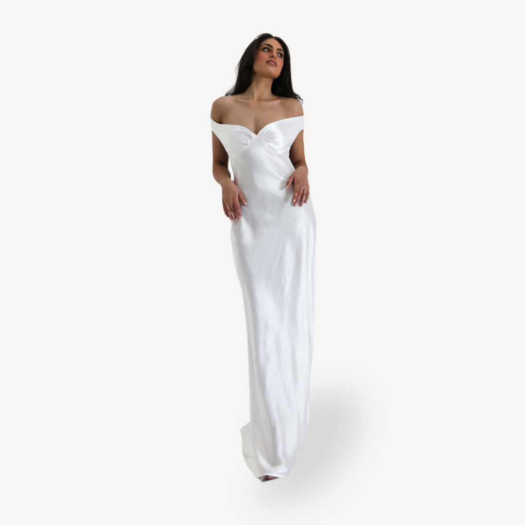 Abendkleid aus Satin mit offener Schulter und Schlitz – Elegantes Maxikleid für Damen